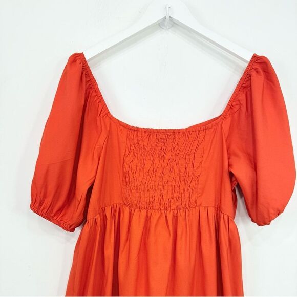Style House Coral Red Puff Sleeve Keyhole Tie Bust Lacy Hem Maxi Peasant Dress - Picture 10 of 15